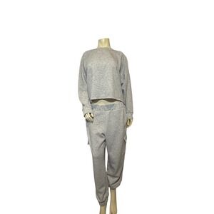 Express Womens Heather Gray 2 Piece Lounge Set Crop Sweatshirt Cargo Joggers L